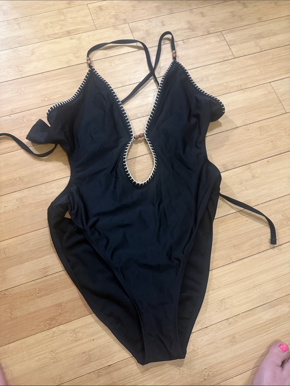 Shade & Shore Black One-Piece Swimsuit with White Trim